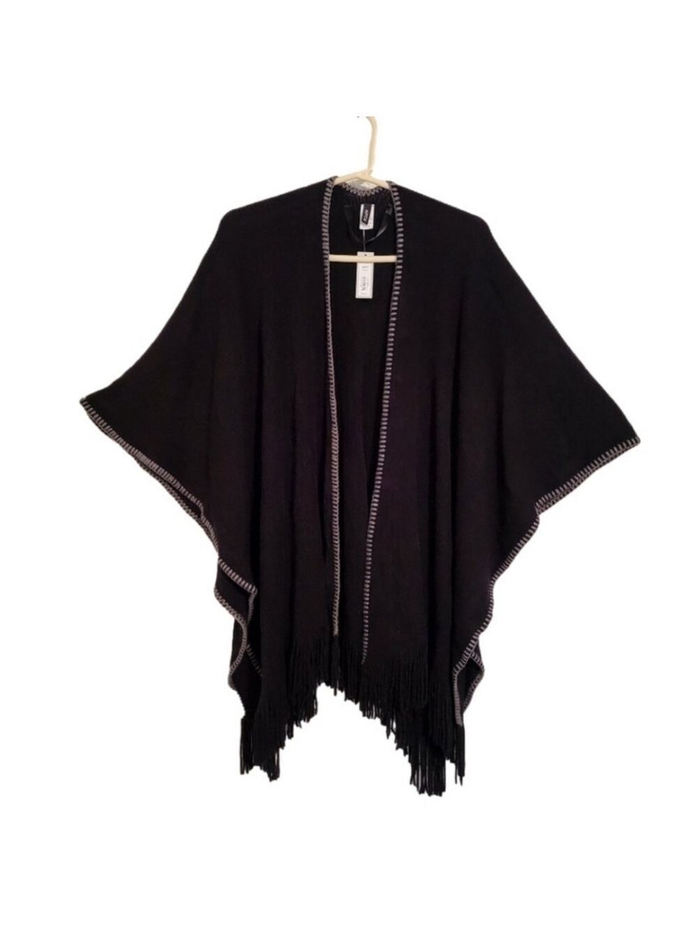 Apt. 9 Black w Gray Embroidered Trim Fringed Open Shawl Sweater